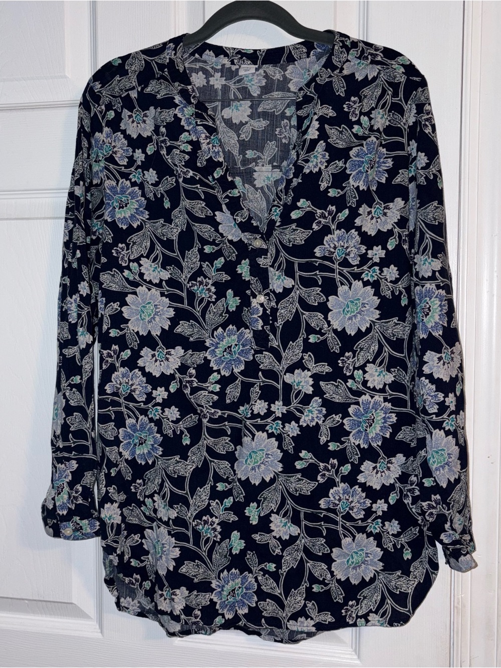 Navy Floral Button-Up Blouse